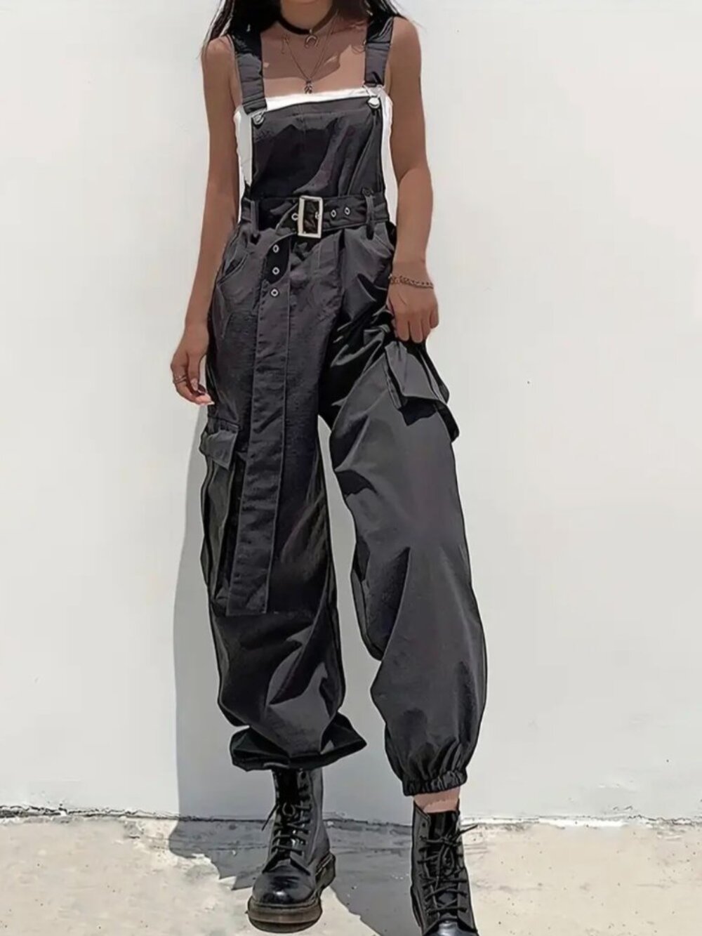 Women's Fashion Party Cargo Pants with Belt Pockets and Suspenders